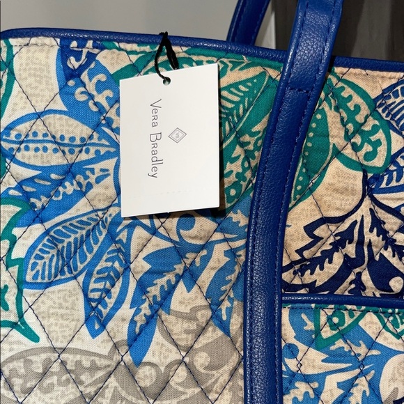 Vera Bradley Floral Blue and Green Small Trimmed Vera Tote Bag Santiago - Picture 6 of 9